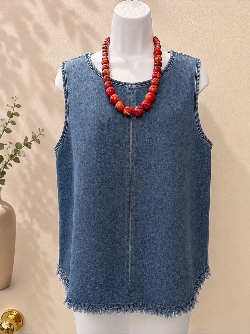 Cloth & Stone - Blue Denim Sleeveless Women’s Top - Casual Frayed Hem